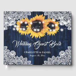 Livro De Visitas Elegant Navy Blue Wood Lace Sunflower Wedding
