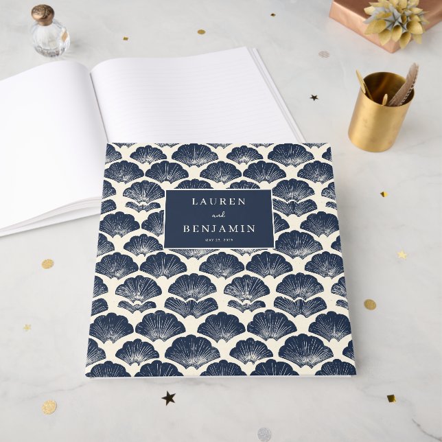 Livro De Visitas Elegant Navy Seashell Nautical (Frente aberta)