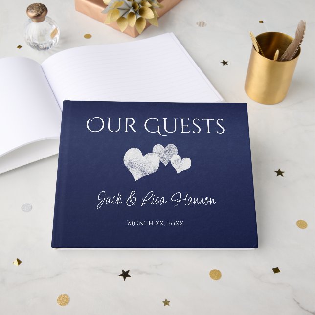 Livro De Visitas Elegant Navy With Hearts Guest Book (Frente aberta)