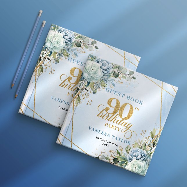 Livro De Visitas Elegant Pale Blue Gold Frame 90th Birthday Sign In (Lovely dusty blue 90th birthday gold x guestbook sign in)