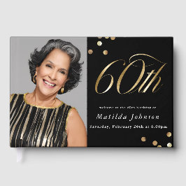 Livro De Visitas Elegant Photo Black and Gold 60th Birthday