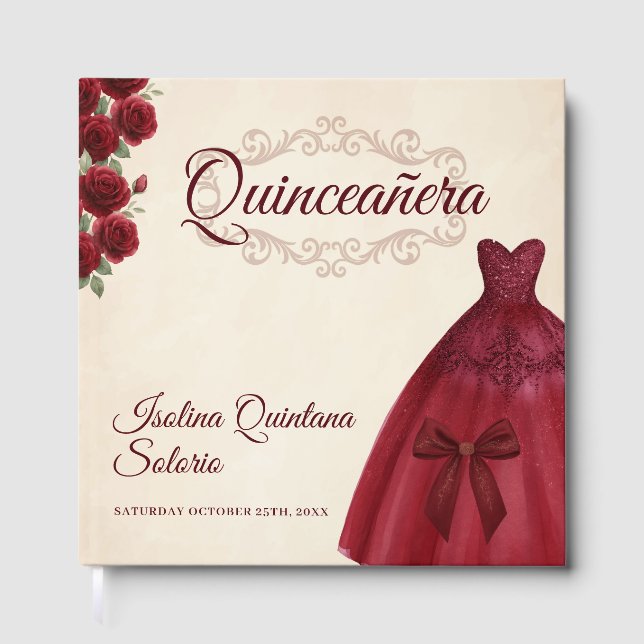 Livro De Visitas Elegant Photo Quinceanera 15th birthday Burgundy  (Frente)