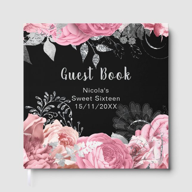 Livro De Visitas Elegant Pink and Silver Flowers Sweet Sixteen (Frente)