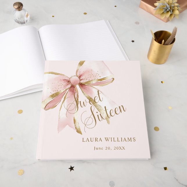 Livro De Visitas Elegant Pink & Gold Sweet Sixteen Birthday (Frente aberta)
