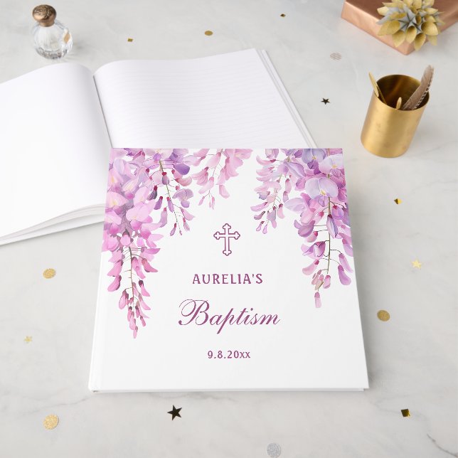Livro De Visitas Elegant Pink Wisteria Baptism Guest Book (Frente aberta)