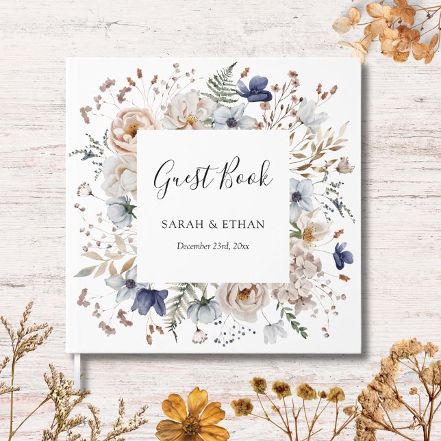 Livro De Visitas Elegant Pretty Beige Blue Flowers Floral Wedding (In situ)