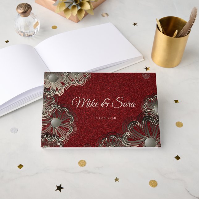 Livro De Visitas Elegant Red and silver Floral Guest Book (Frente aberta)