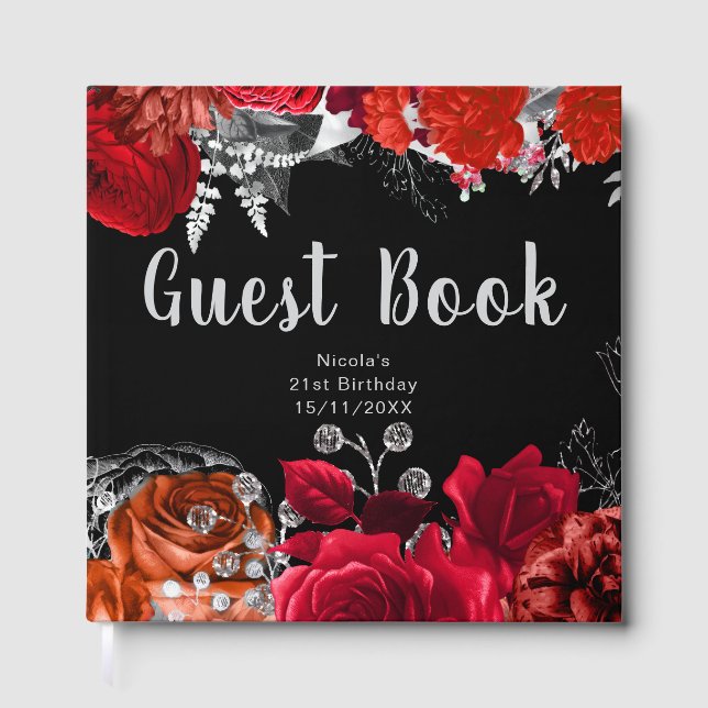 Livro De Visitas Elegant Red and Silver Flowers Birthday Party (Frente)