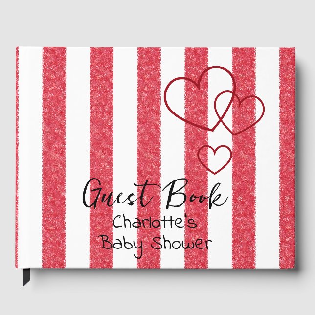 Livro De Visitas Elegant Red Chalk Stripe Triple Hearts Baby Shower (Frente)