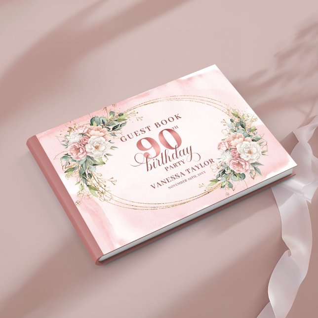 Livro De Visitas Elegant Rose Gold Greenery Floral 90th Birthday  (Elegant Rose Gold Eucalyptus 90th Birthday Guest Book)
