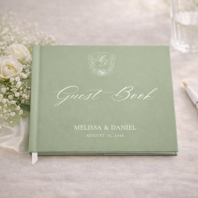 Livro De Visitas Elegant Sage Green Botanical Crest Wedding (Criador carregado)