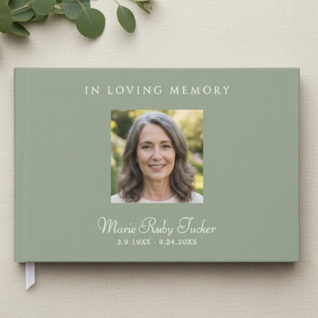 Livro De Visitas Elegant Sage Green Photo In Loving Memory Funeral (Elegant Sage Green Funeral Sign In Guest Book)