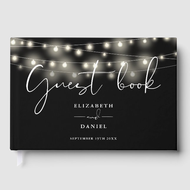 Livro De Visitas Elegant String Lights Black And White Wedding (Frente)