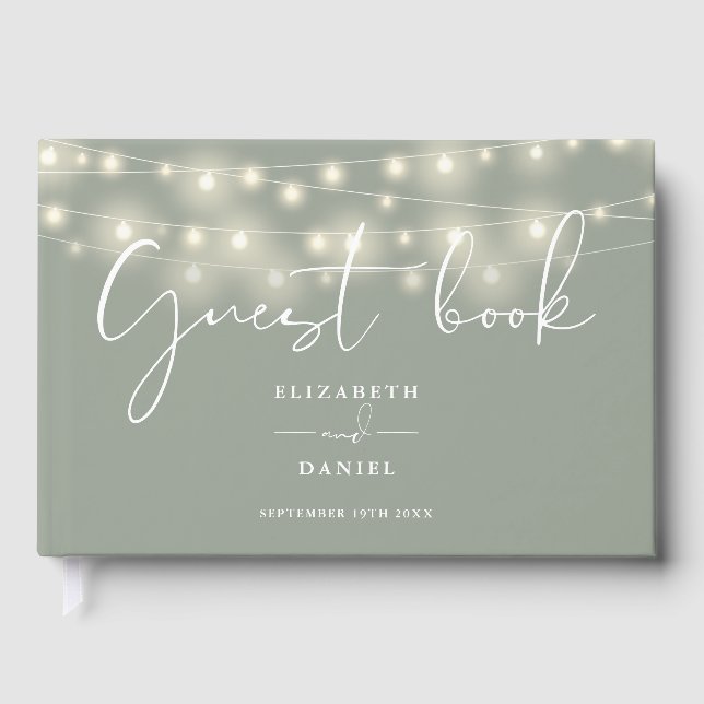 Livro De Visitas Elegant String Lights Sage Green Wedding (Frente)