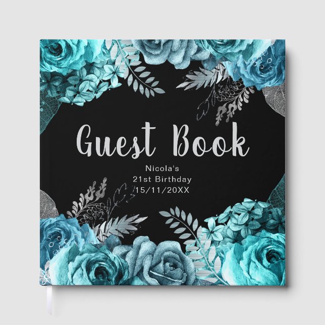 Livro De Visitas Elegant Teal Blue and Silver Flower Birthday Party (Frente)