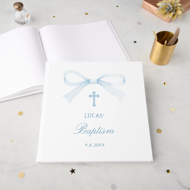 Livro De Visitas Elegant Watercolor Blue Bow Baptism (Frente aberta)