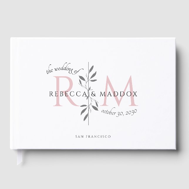 Livro De Visitas Elegant Wedding Blush Pink Botanical Monogram (Frente)