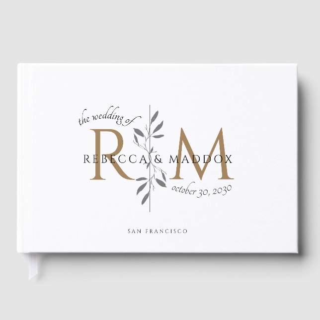 Livro De Visitas Elegant Wedding Gold Botanical Monogram (Frente)