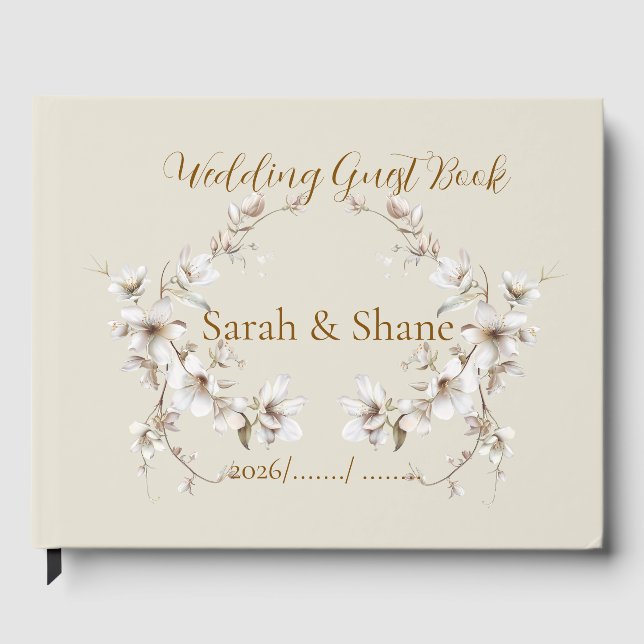 Livro De Visitas Elegant White Botanical Blossom Ivory Wedding (Frente)