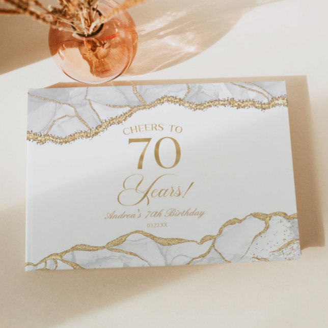 Livro De Visitas Elegant White Gold Agate 70th Birthday Party (Criador carregado)