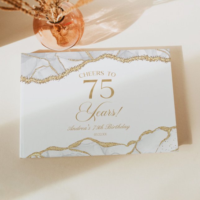 Livro De Visitas Elegant White Gold Agate 75th Birthday Party (Criador carregado)
