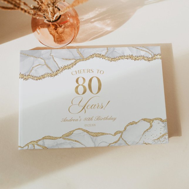 Livro De Visitas Elegant White Gold Agate 80th Birthday Party (Criador carregado)