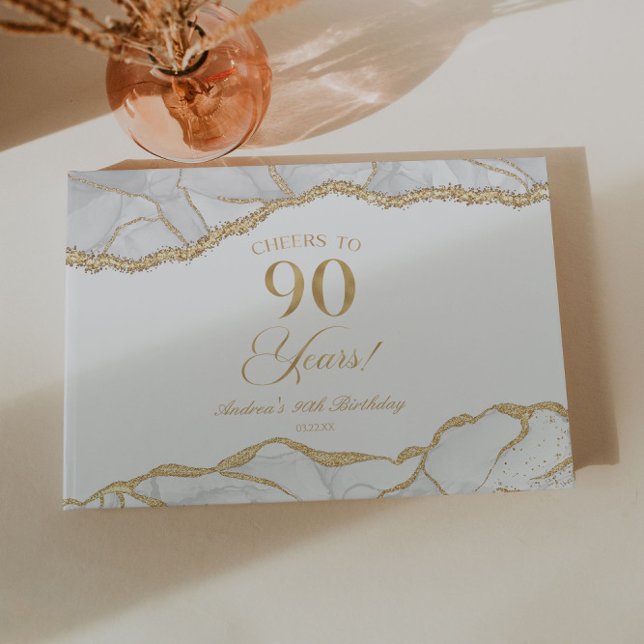 Livro De Visitas Elegant White Gold Agate 90th Birthday Party (Criador carregado)