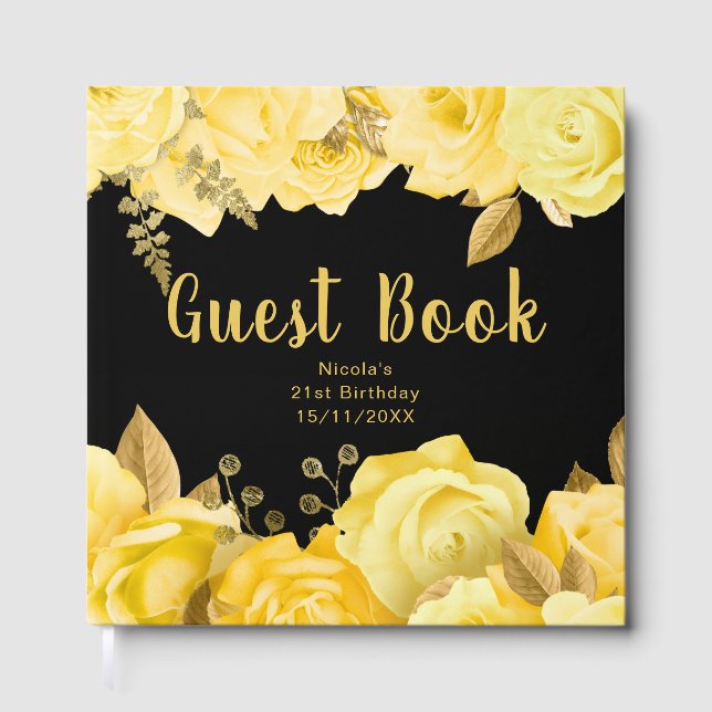 Livro De Visitas Elegant Yellow and Gold Flowers Birthday Party (Frente)