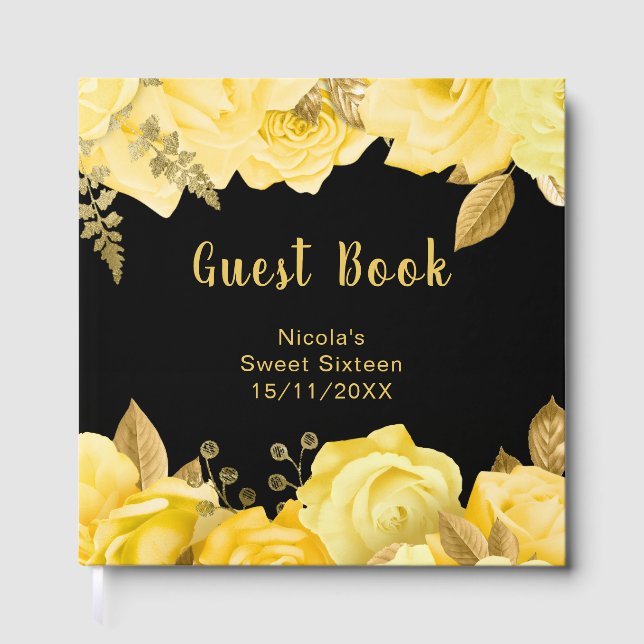 Livro De Visitas Elegant Yellow and Gold Flowers Sweet Sixteen (Frente)