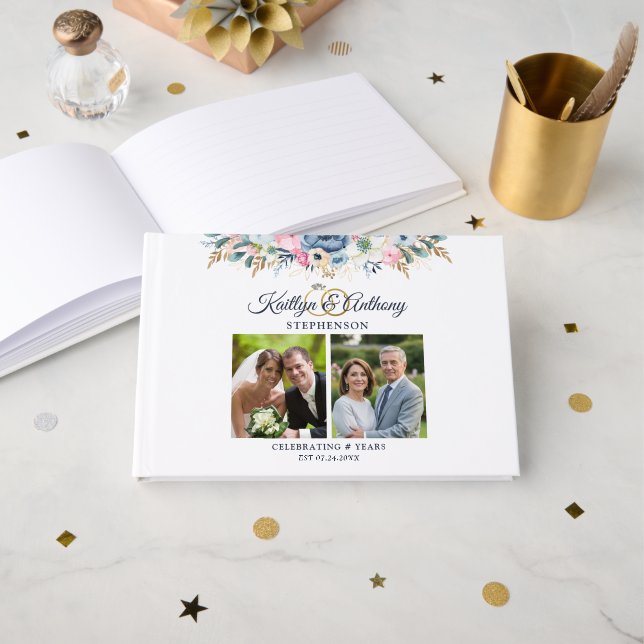 Livro De Visitas Elegante Água-forte Floral de Aniversário 2 Fotos (Frente aberta)