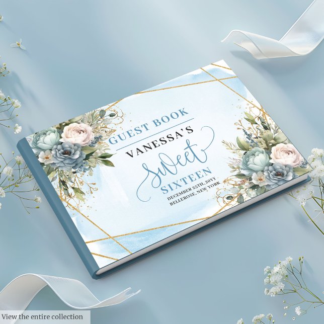 Livro De Visitas Elegante Azul Azul Dourado Floral Doce Sessenta (Elegant Dusty Blue White Gold Floral Sweet Sixteen Guest Book)