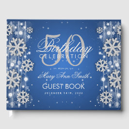 Livro De Visitas Elegante Azul Prateado 50º Aniversário Brilhante d