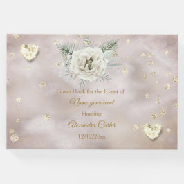 Livro De Visitas Elegante Bege Dourado Branco Rosa Corações Rosa Fl
