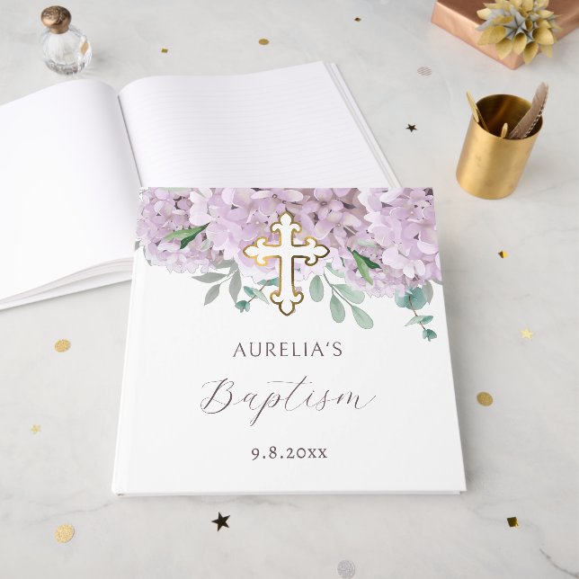 Livro De Visitas Elegante Blush Hydrangea Baptism (Frente aberta)