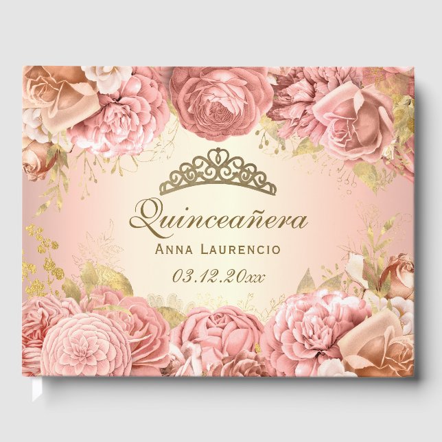 Livro De Visitas Elegante Blush Pink e Quinceanera Dourada (Frente)