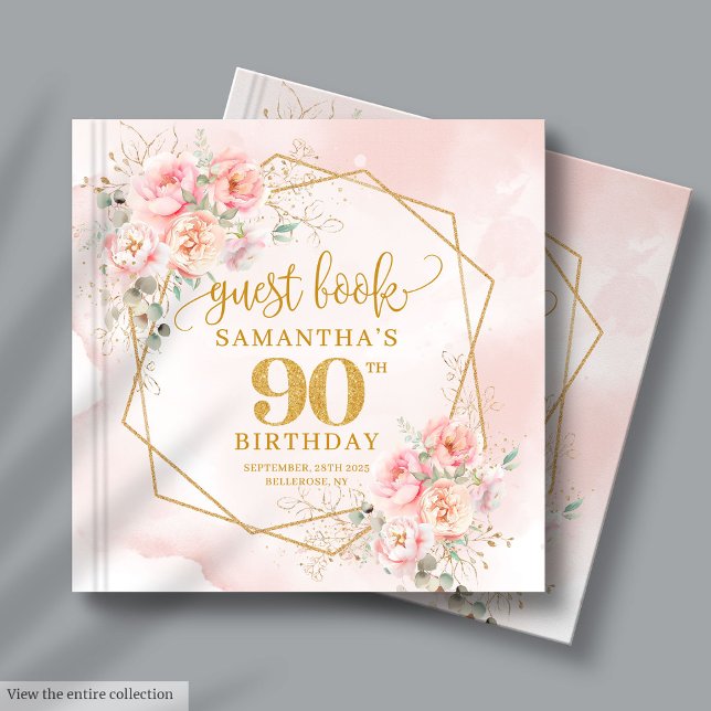 Livro De Visitas Elegante Boho Blush Dourado Floral 90 Rosa Anivers (Boho Blush Pink Gold Floral 90th Birthday Guest Book)