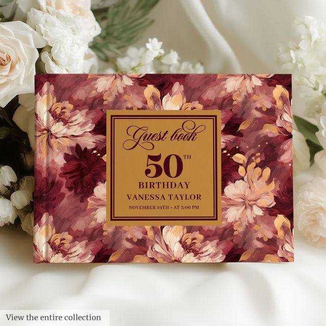 Livro De Visitas Elegante Borgonha Blush Dourado Floral 50º Anivers (Elegant Burgundy Blush Gold Floral 50th Birthday Guest Book )