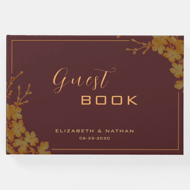 Livro De Visitas Elegante Burgundy e Dourado Guestbook Floral (Frente)