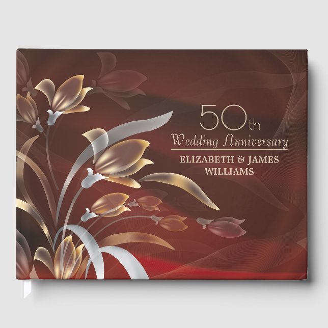Livro De Visitas Elegante Caoba | Dourado Floral 50.o Aniversário (Frente)