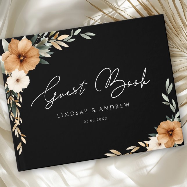Livro De Visitas Elegante Casamento Botânico Terroso de Cobre (Elegant Boho Copper Earthy Botanical Black Custom Wedding Guest Book)