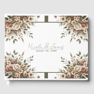 Livro De Visitas Elegante Casamento de Canto Floral em Verde Oliva 