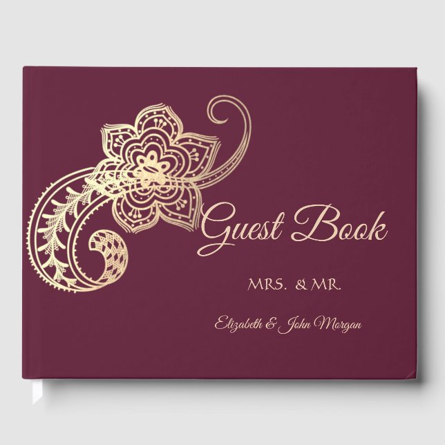 Livro De Visitas Elegante Chic Dourado Paisley Guest Book (Frente)