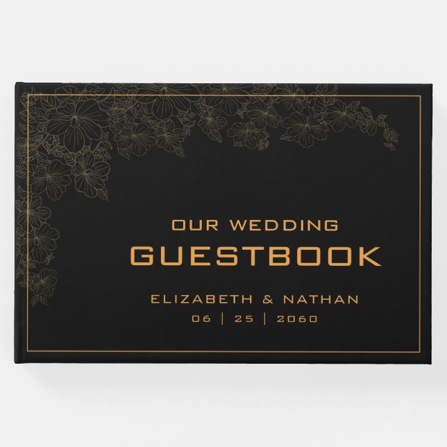 Livro De Visitas Elegante Citação de Casamento Preto Dourado Retrô (Frente)