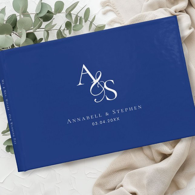 Livro De Visitas Elegante, Clássico, Monograma, Azul, Casamento (Elegant, Classic, Monogram, Blue, Wedding Guest Book)