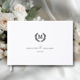 Livro De Visitas Elegante Crista Monograma Casamento Branco