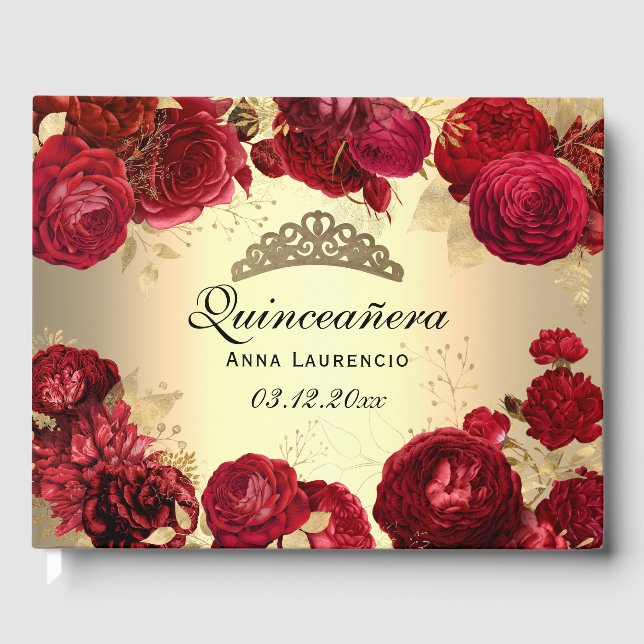 Livro De Visitas Elegante Damasco Dourado Rosas Quinceanera Persona (Frente)
