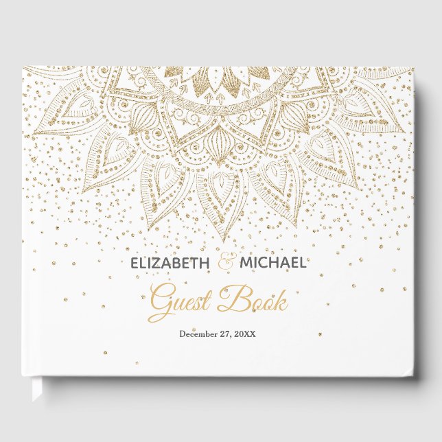 Livro De Visitas Elegante Dourado Mandala Confetti Design (Frente)