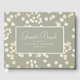 Livro De Visitas Elegante Dourado Sage Verde - Folhas de Eucalyptus