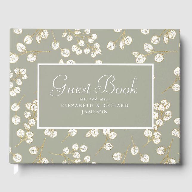 Livro De Visitas Elegante Dourado Sage Verde - Folhas de Eucalyptus (Frente)