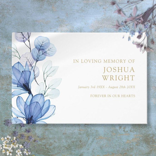 Livro De Visitas Elegante Floral Azul Em Memória Afetuosa Funeral (Elegant Blue Floral In Loving Memory Funeral Guest Book)
